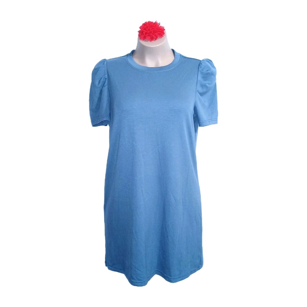 For Cynthia Women Modal Blend Puff Sleeve Dress L Blue Minimalist Closet Staple